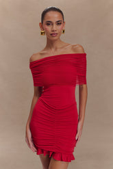 Caspian Slinky And Mesh Off Shoulder Mini Dress - Ruby