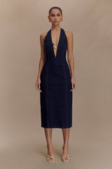 Shauna Denim Halter Midi Dress - Indigo Blue
