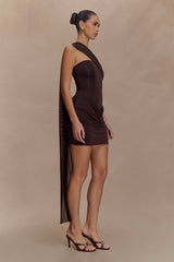 Mattea Slinky And Mesh Mini Dress With Scarf - Dark Chocolate