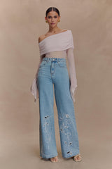 Carmella Embroided Straight Leg Jeans - Mid Blue