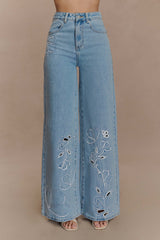 Carmella Embroided Straight Leg Jeans - Mid Blue