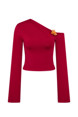 Ainsley Asymmetrical Long Sleeve Top With Floral Hardware - Fuchsia Pink