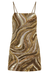Eloise Hand Beaded Mini Dress - Gold Swirl Print