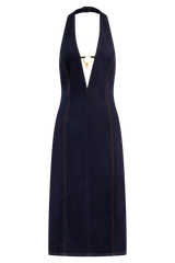 Shauna Denim Halter Midi Dress - Indigo Blue