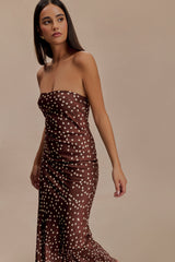 Claudette Strapless Satin Maxi Dress - Brown Polka Dot Print