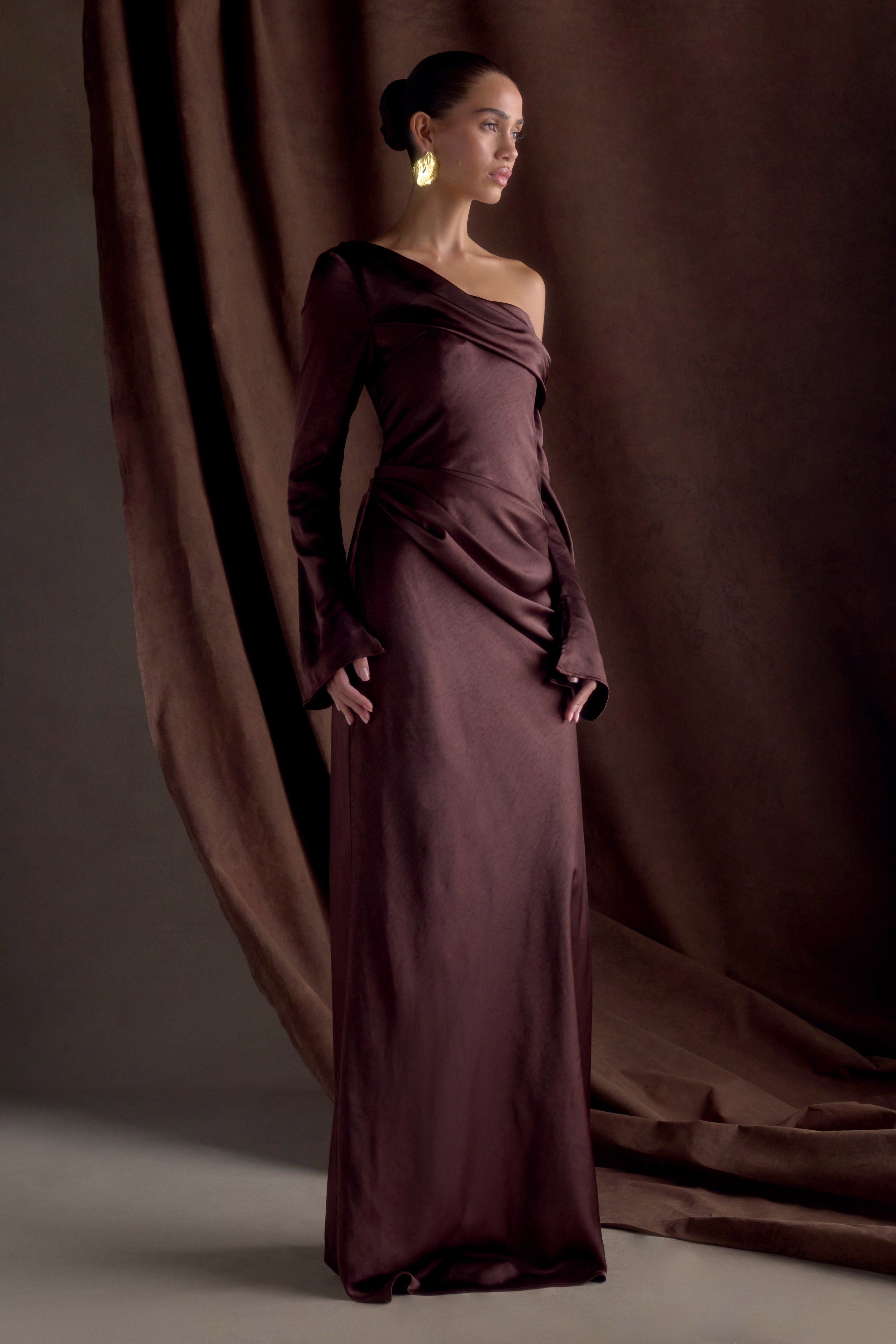 Iris Long Sleeve Satin Maxi Dress - Dark Chocolate