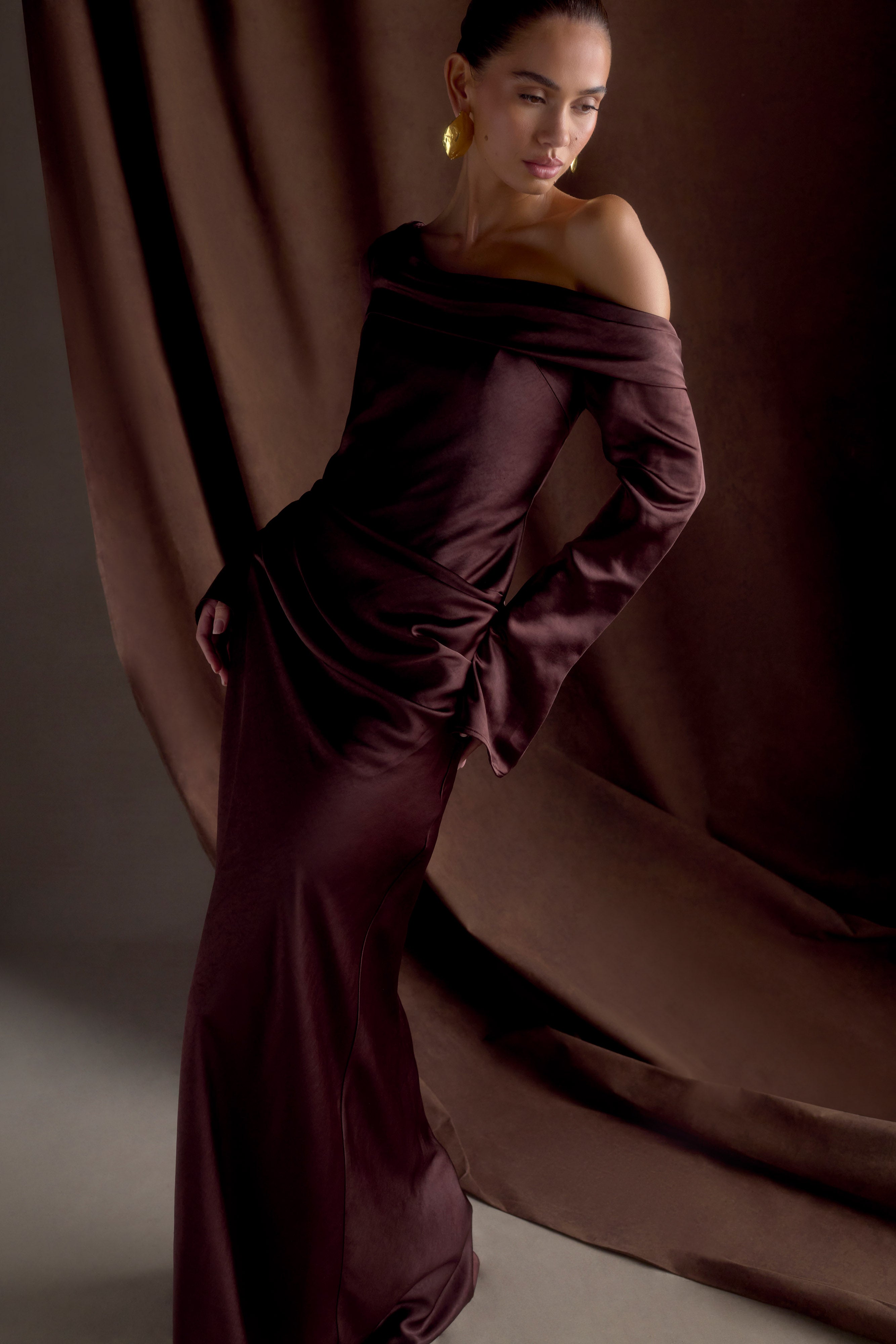 Iris Long Sleeve Satin Maxi Dress - Dark Chocolate