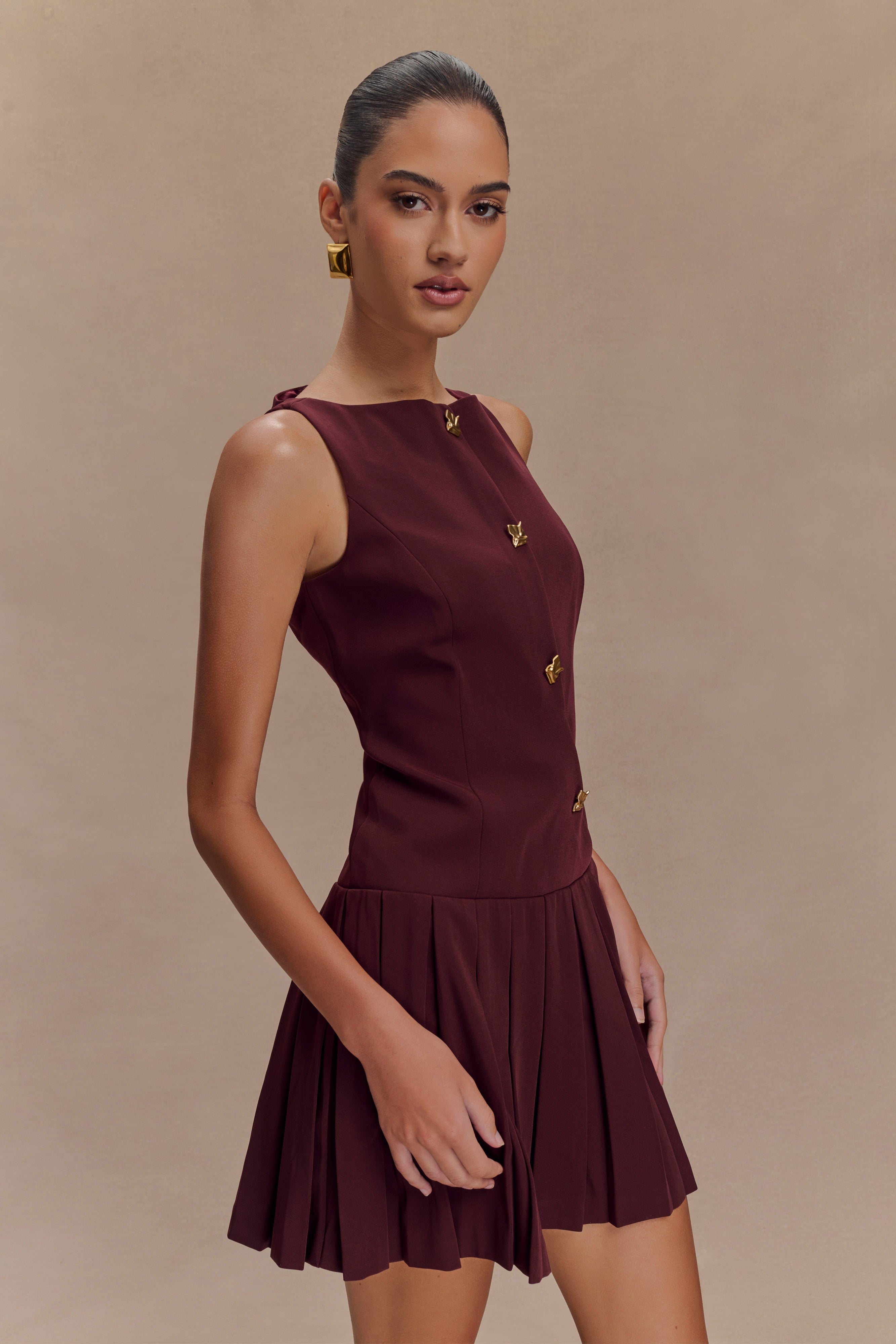 Mackenzie Sleeveless Pleated Mini Dress - Mahogany