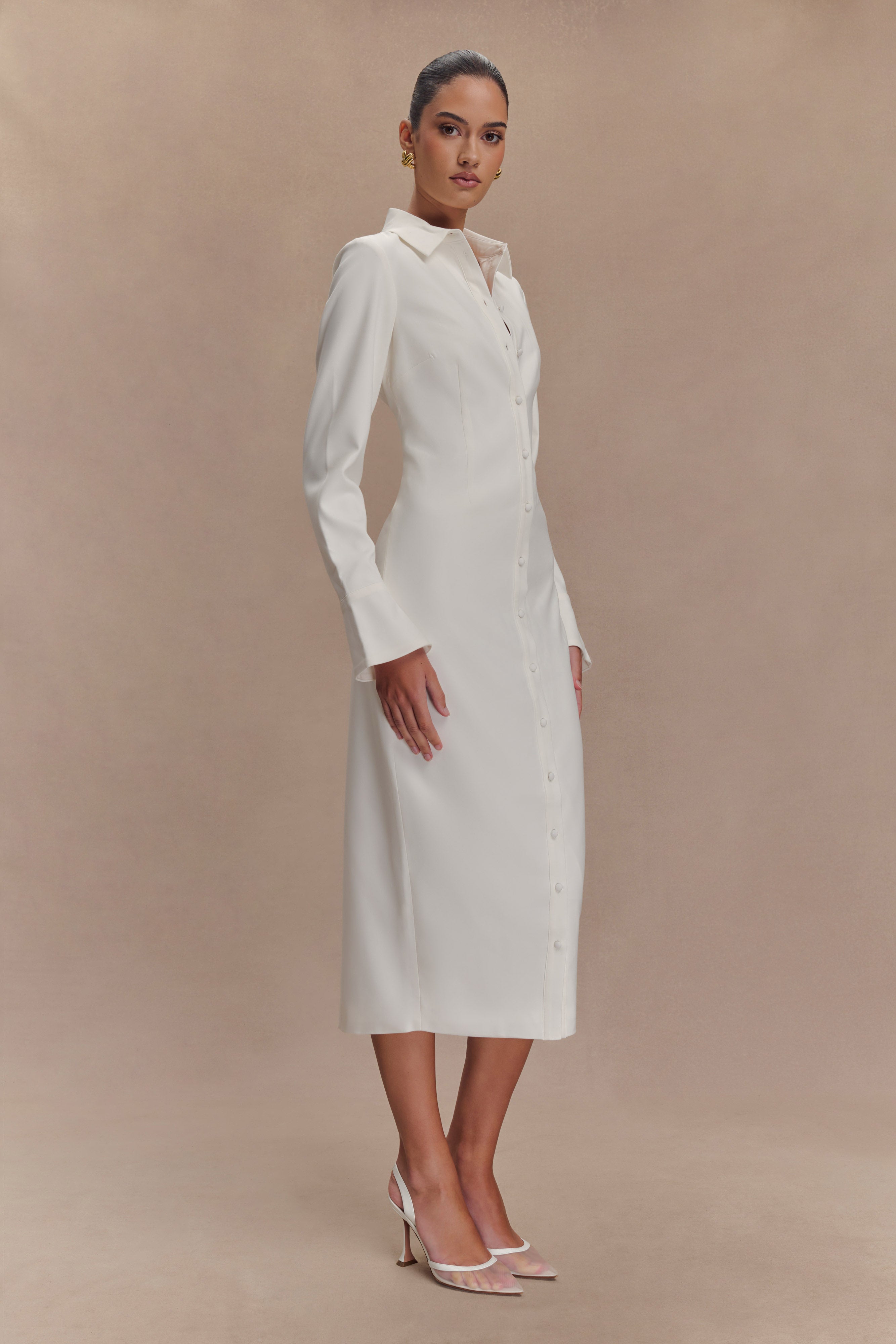 Dorian Fitted Shirt Midi Dress - White