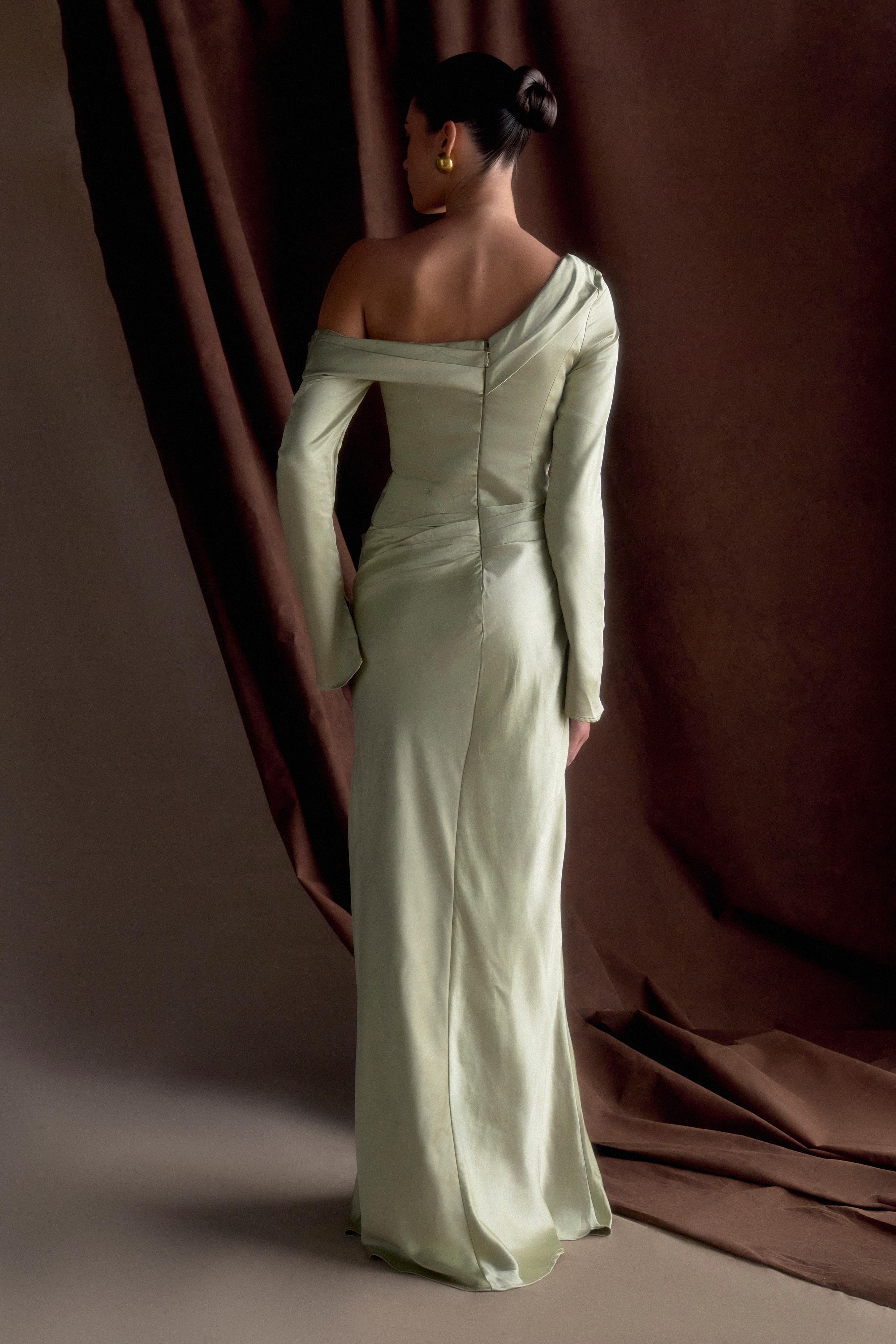 Iris Long Sleeve Satin Maxi Dress - Sage