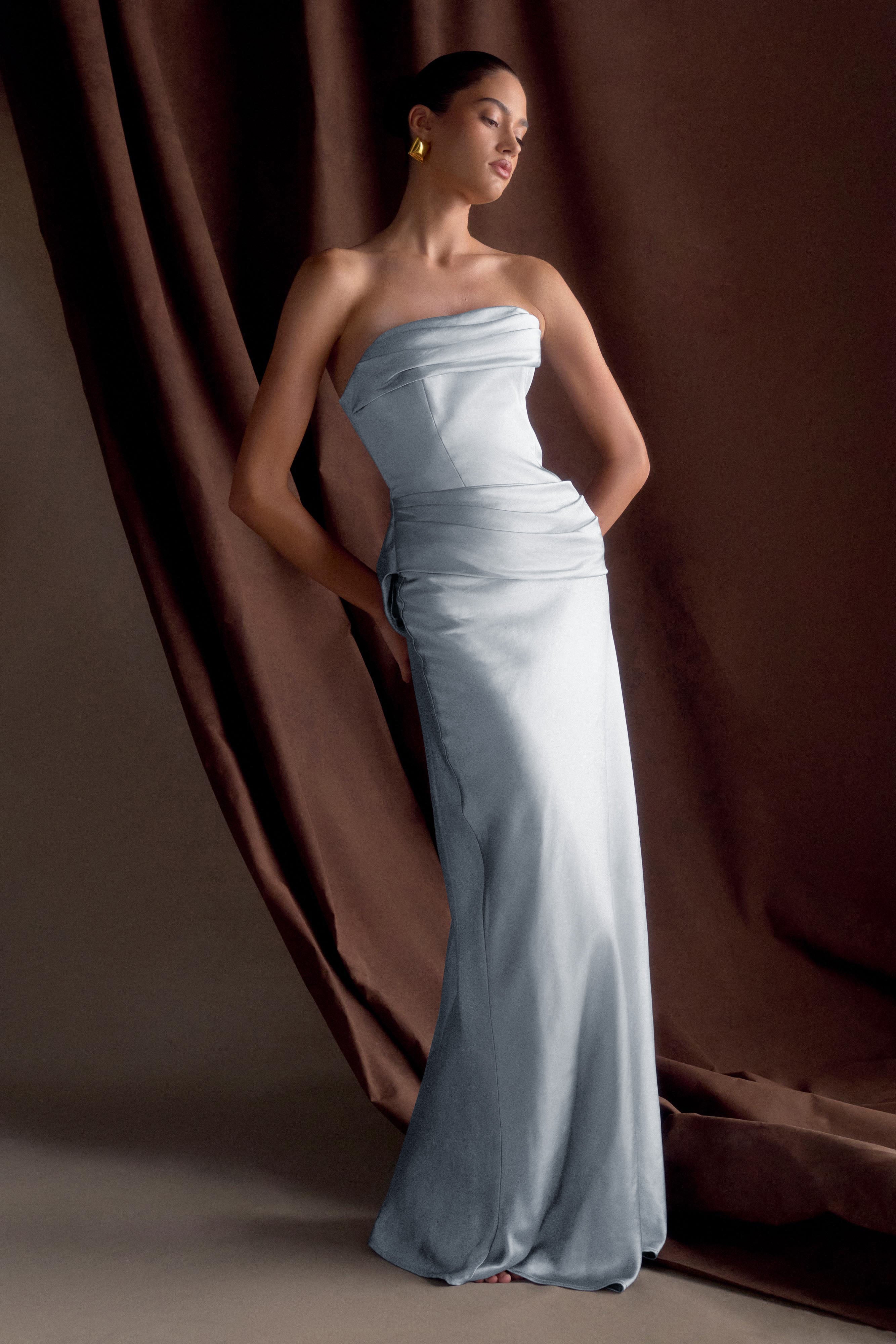 Jasmine Strapless Satin Maxi Dress - Frosted Blue