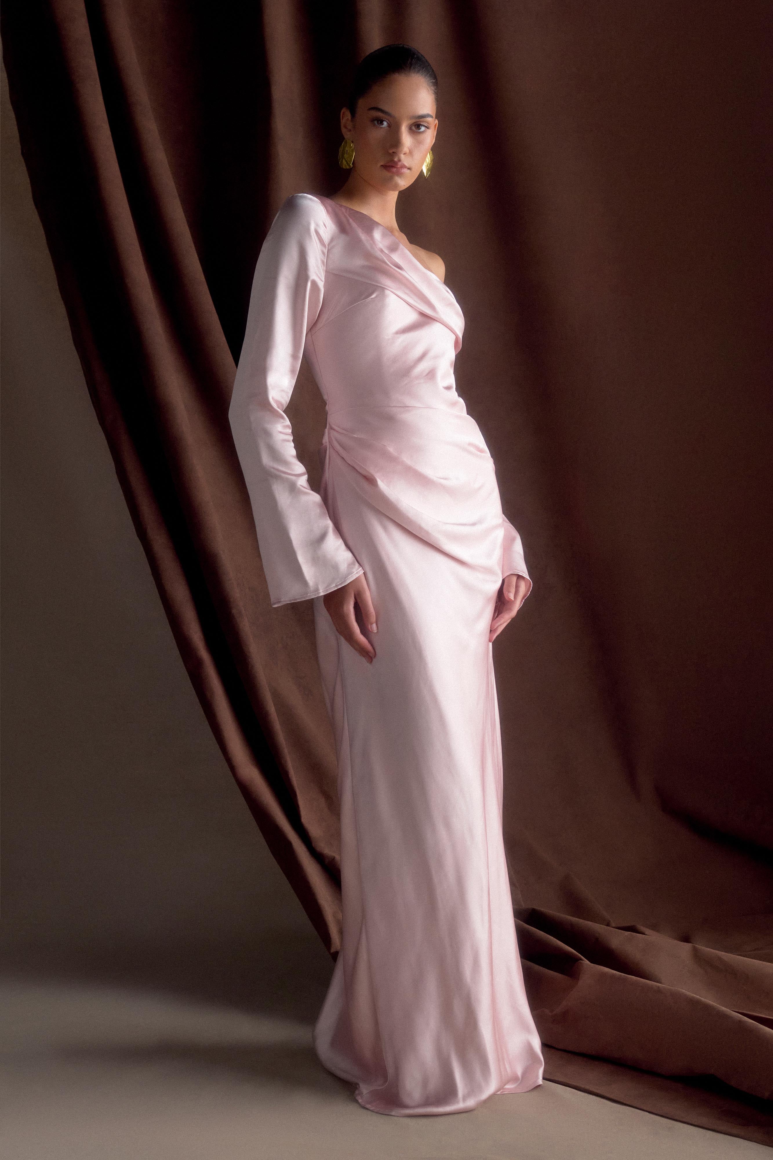Iris Long Sleeve Satin Maxi Dress - Soft Pink