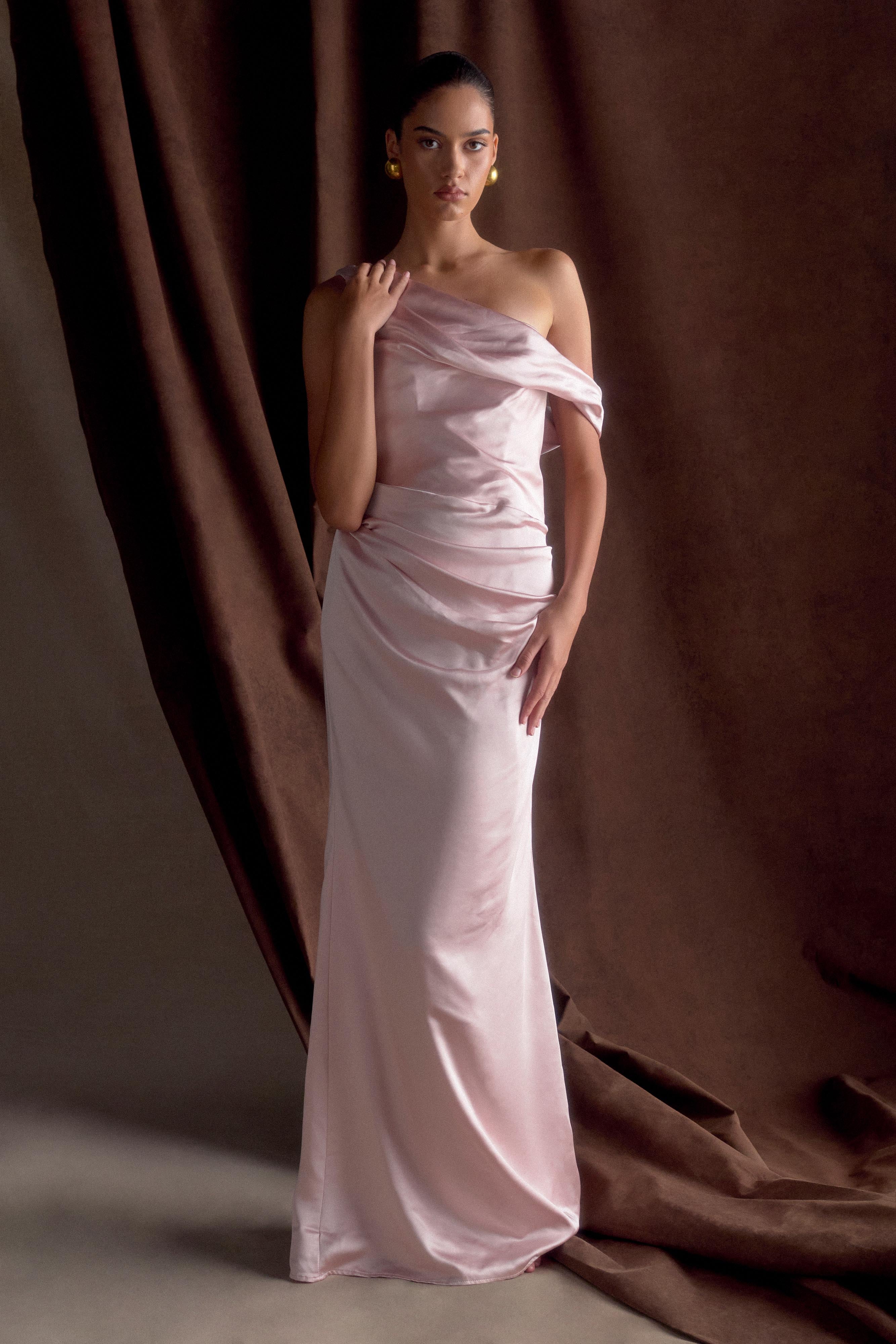 Dalia Off Shoulder Satin Maxi Dress - Soft Pink