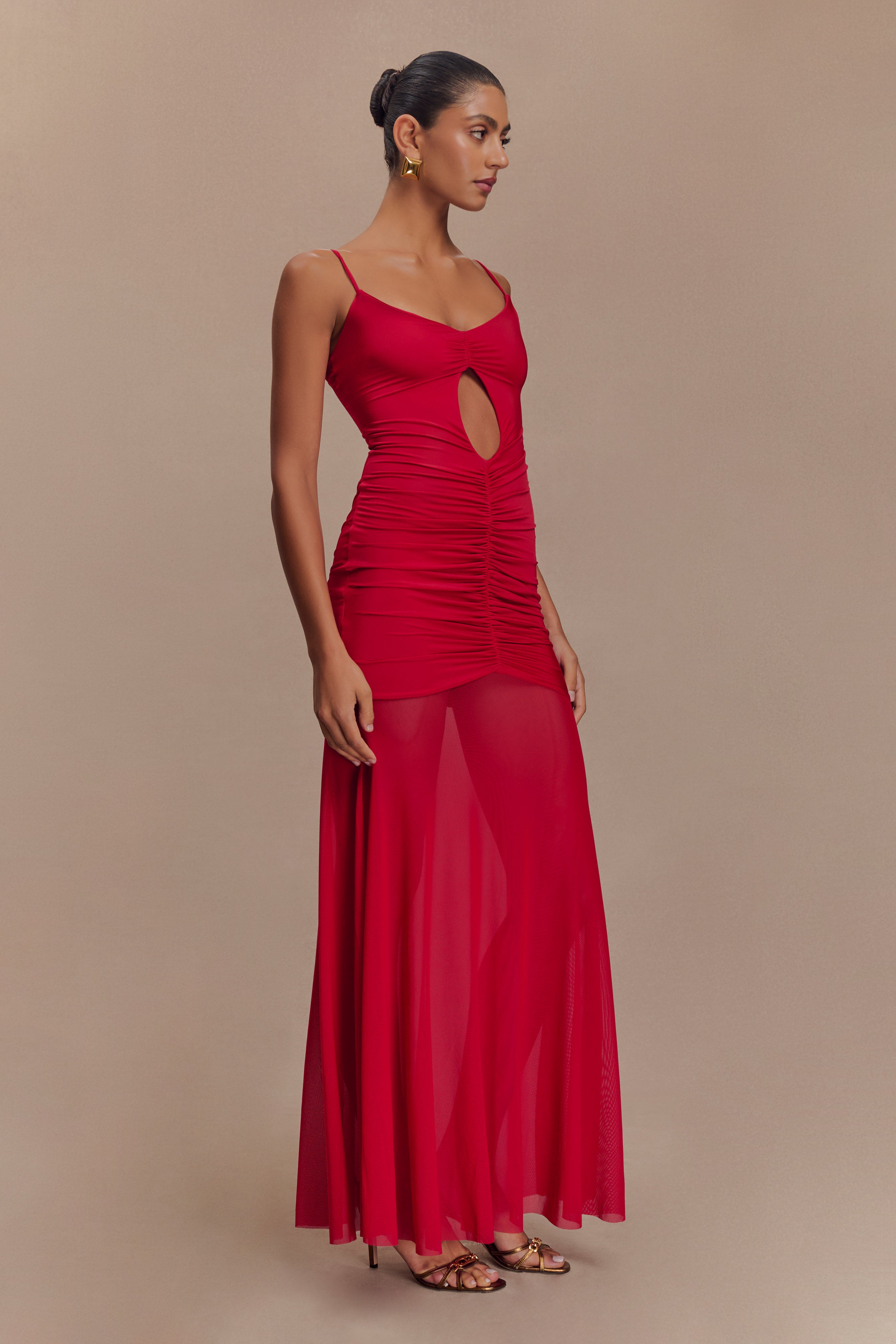 Delaney Slinky And Mesh Maxi Dress - Red