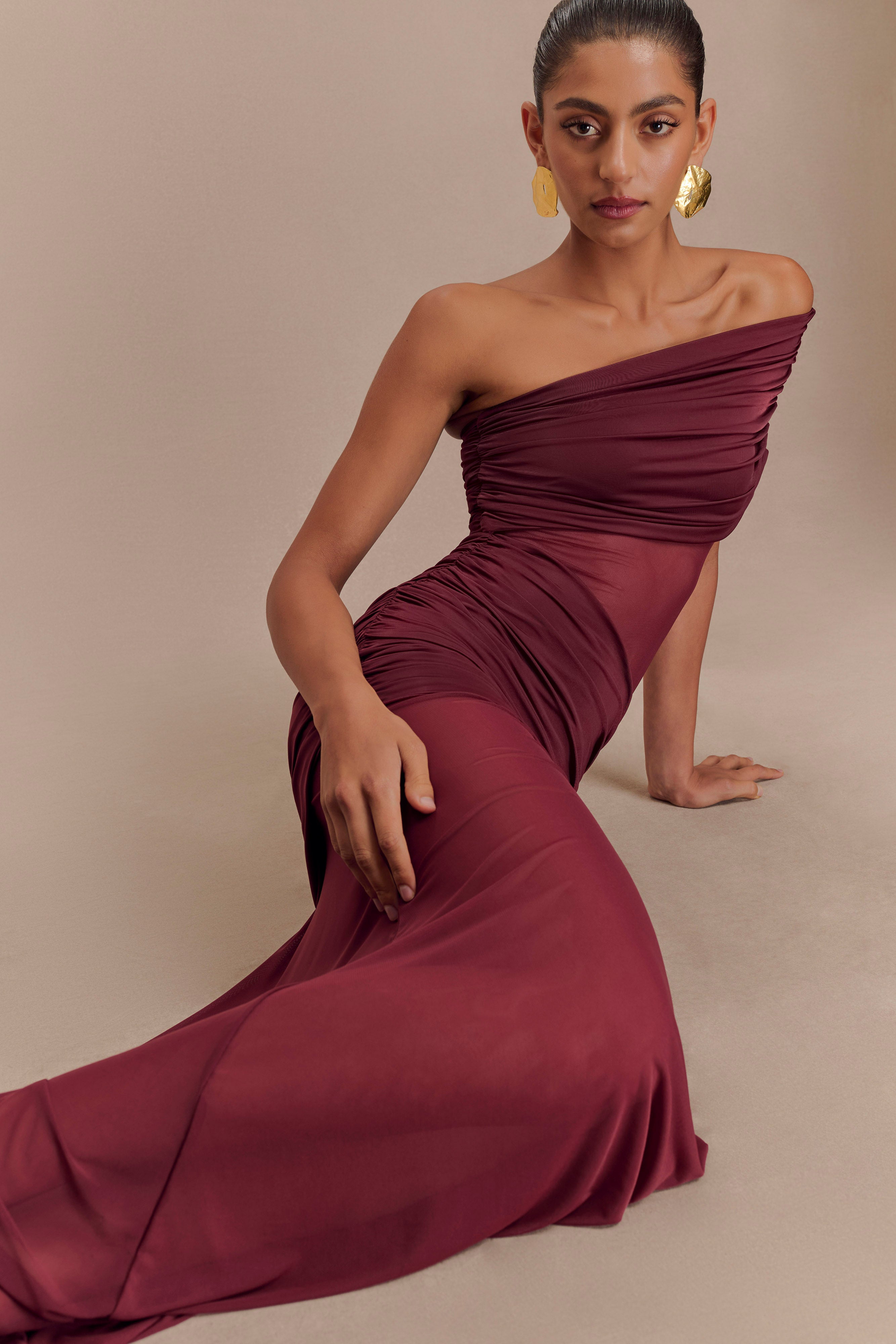 Dallas One Shoulder Mesh Maxi Dress - Burgundy