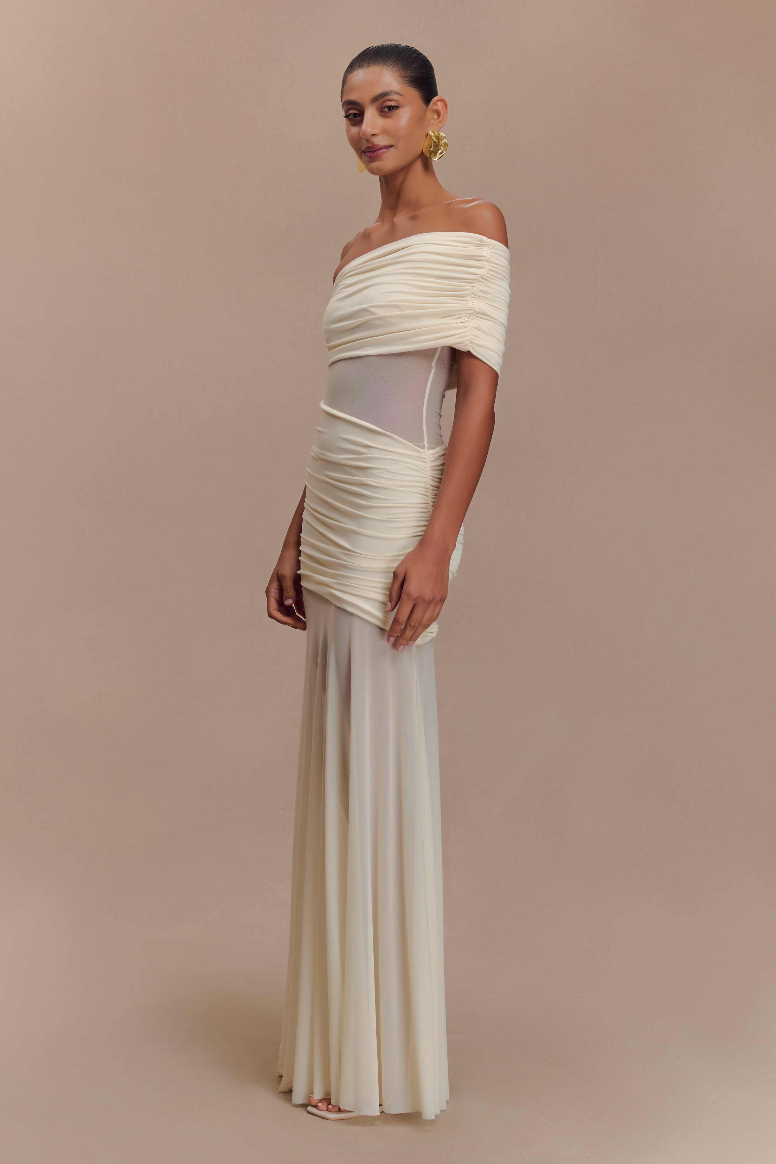 Dallas One Shoulder Mesh Maxi Dress - Ivory