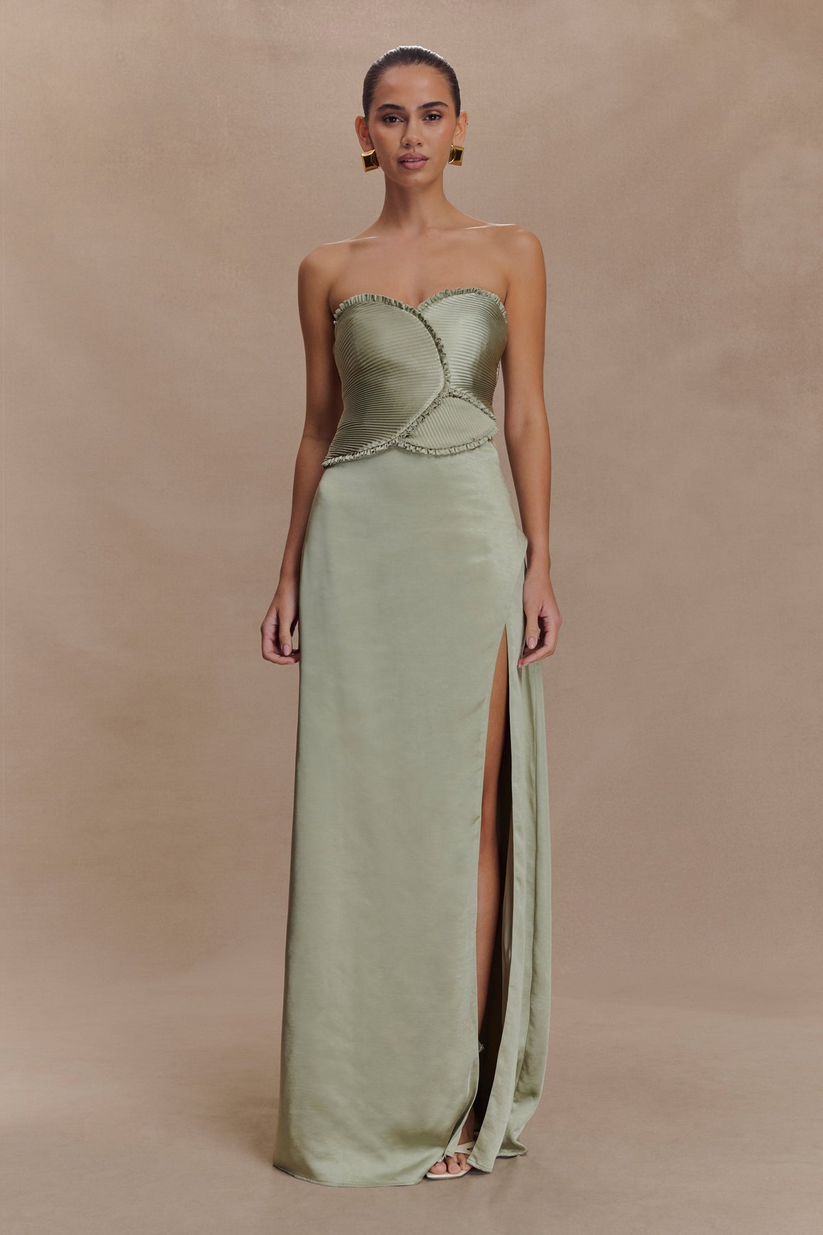 Larissa Satin Maxi Dress With Ruched Petals - Sage
