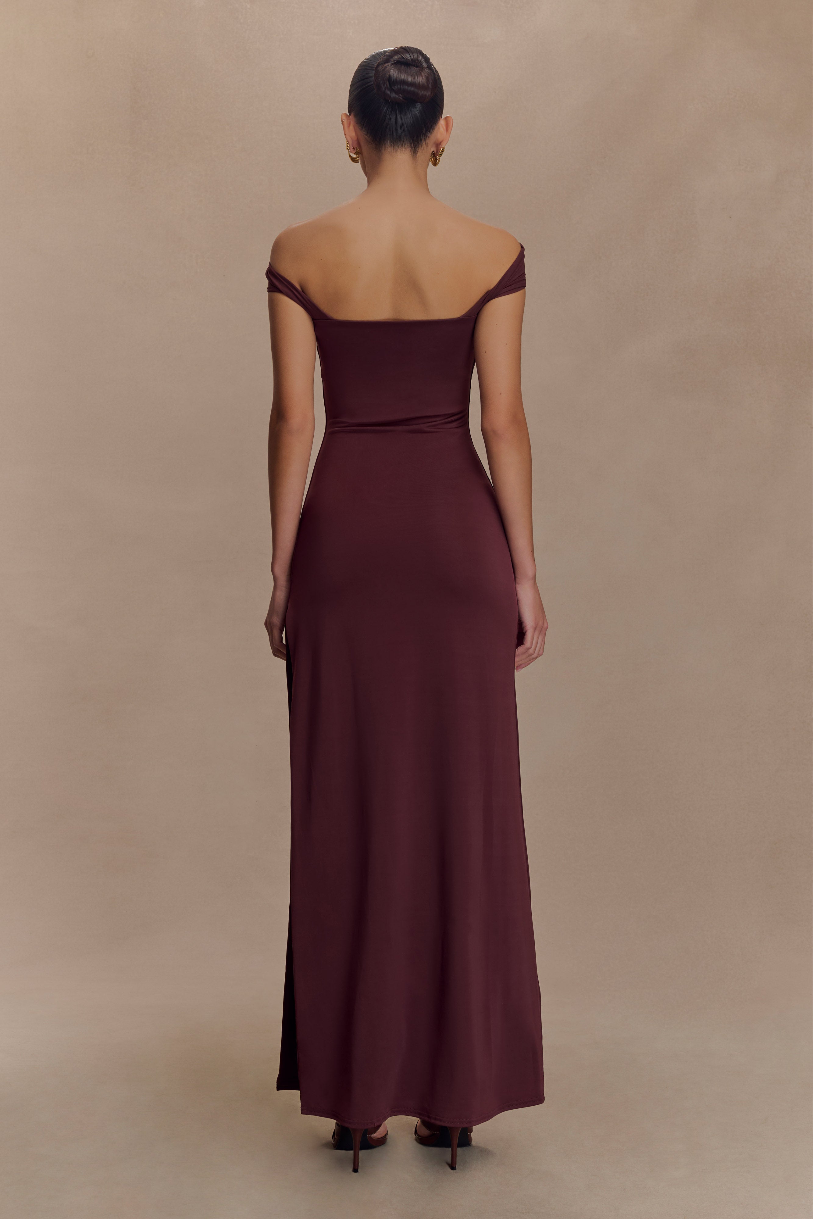 Aurora Slinky And Mesh Split Maxi Dress - Mahogany