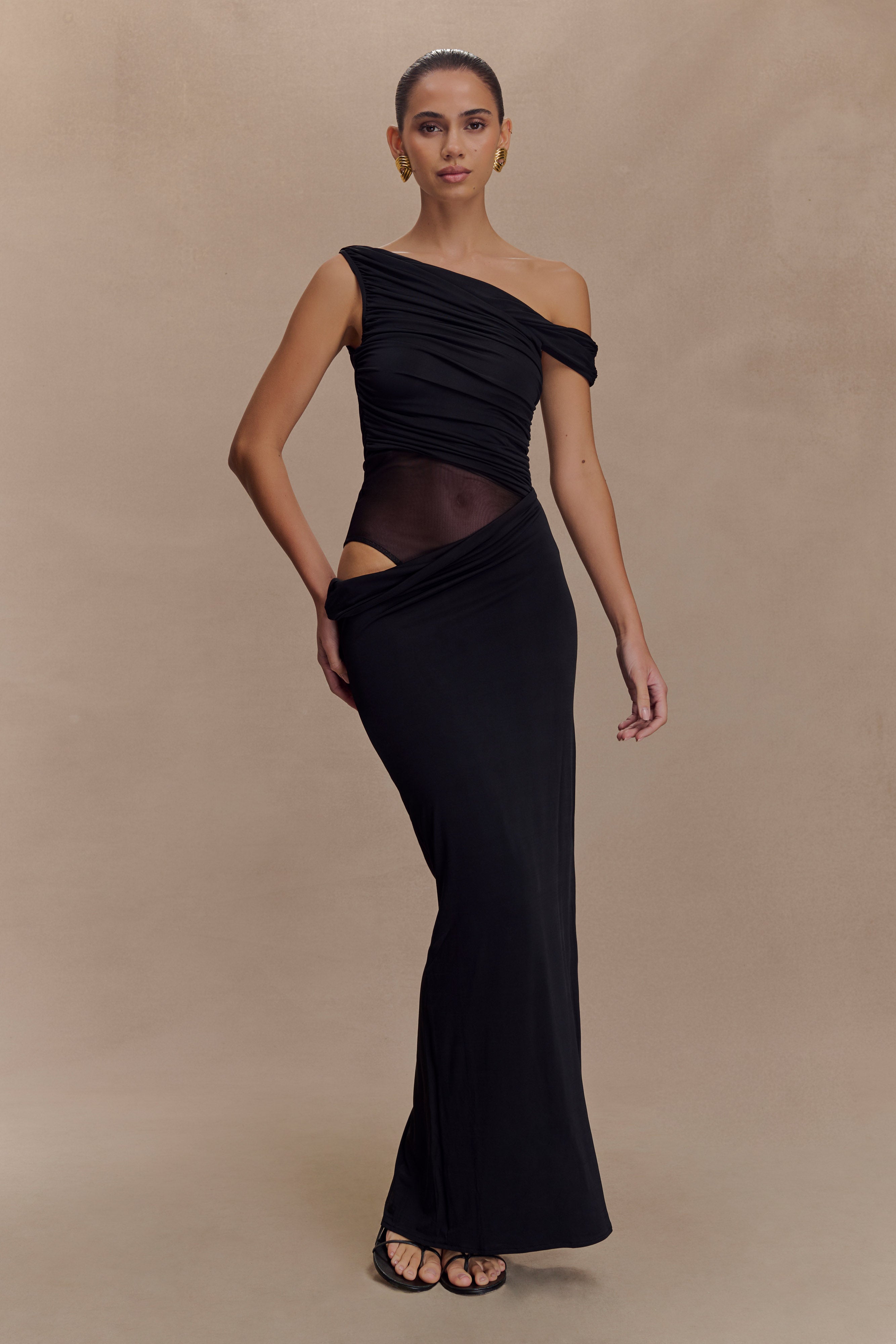 Callen One Shoulder Slinky Maxi Dress - Black