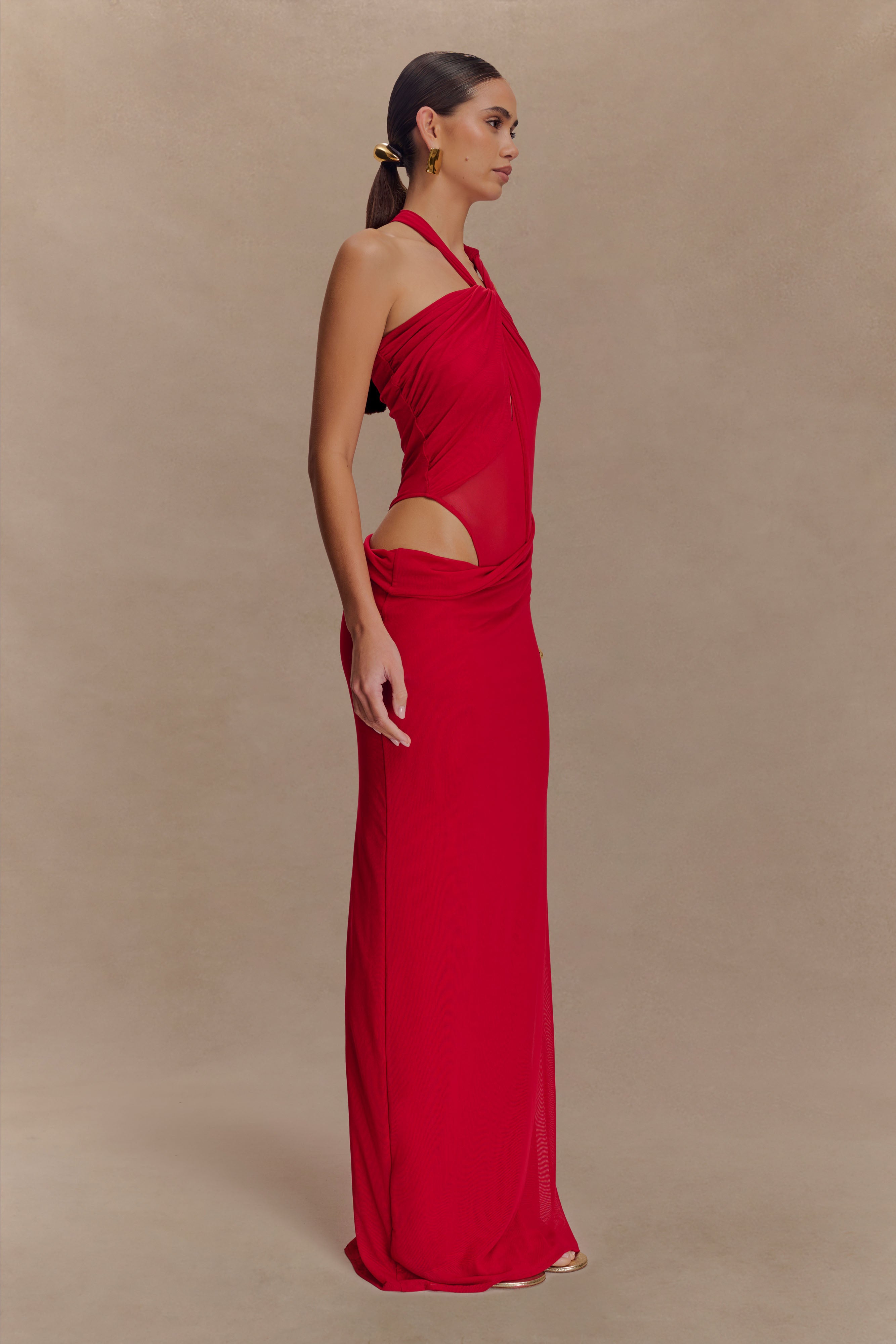 Edwina Knotted Mesh Maxi Dress - Red