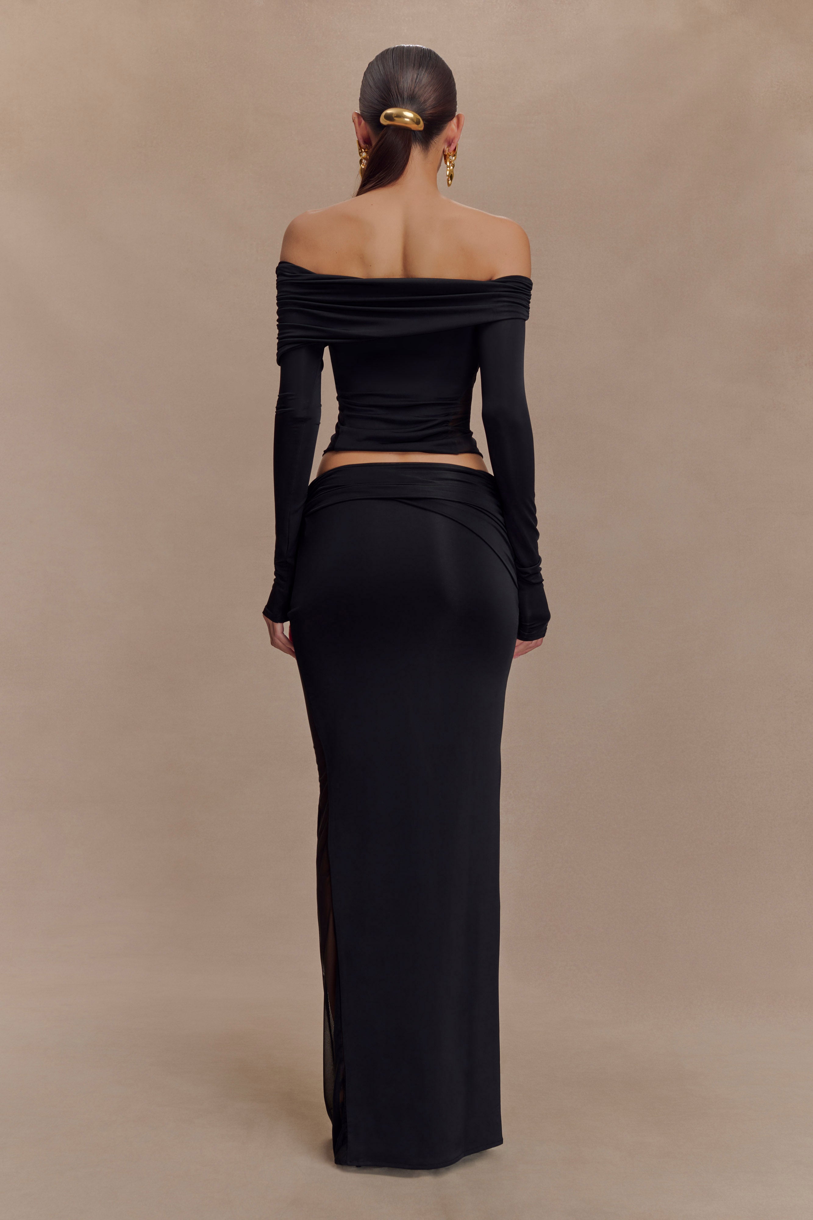 Judy Slinky And Mesh Off Shoulder Top - Black