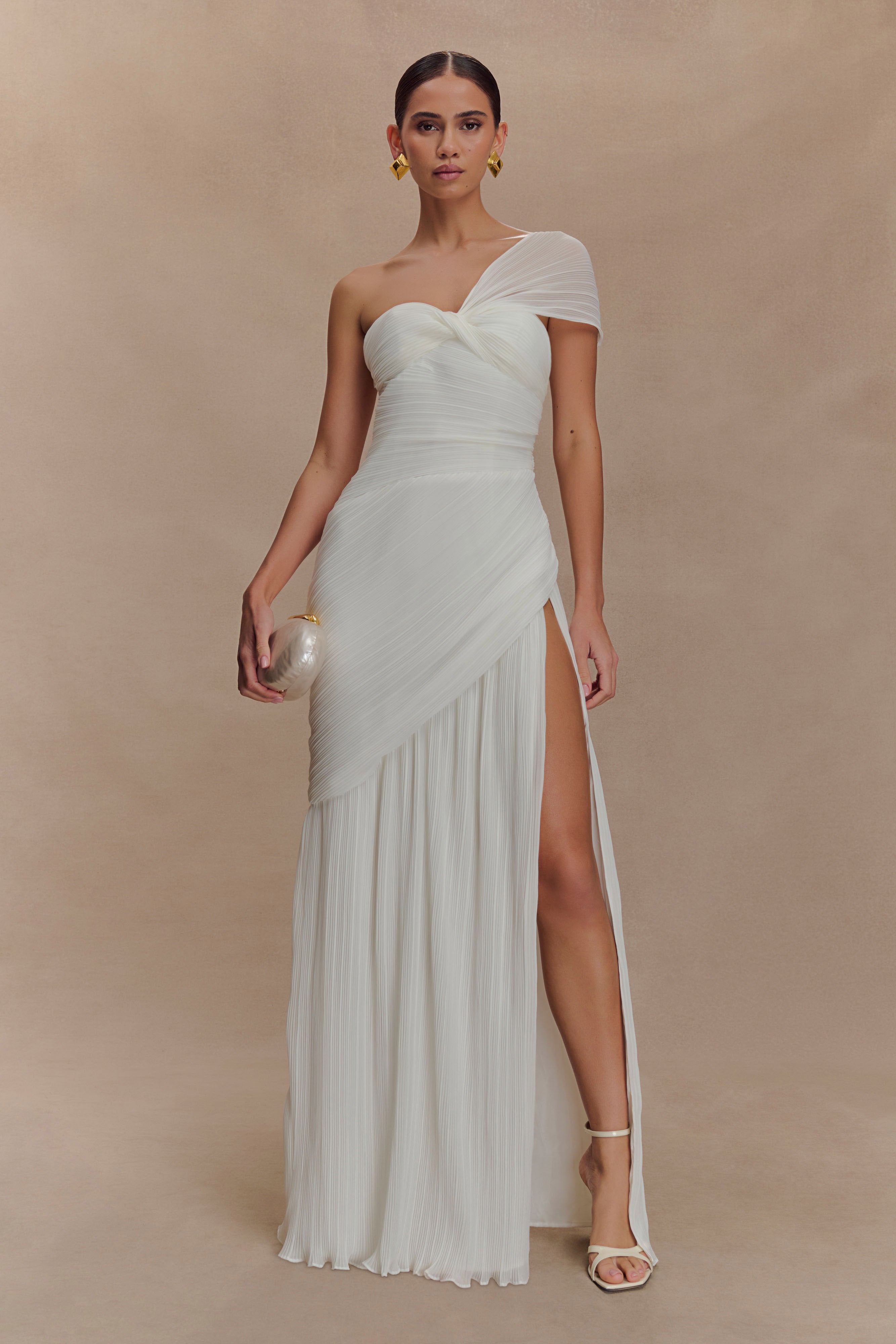 Tamara Shirred Chiffon Midi Dress - White