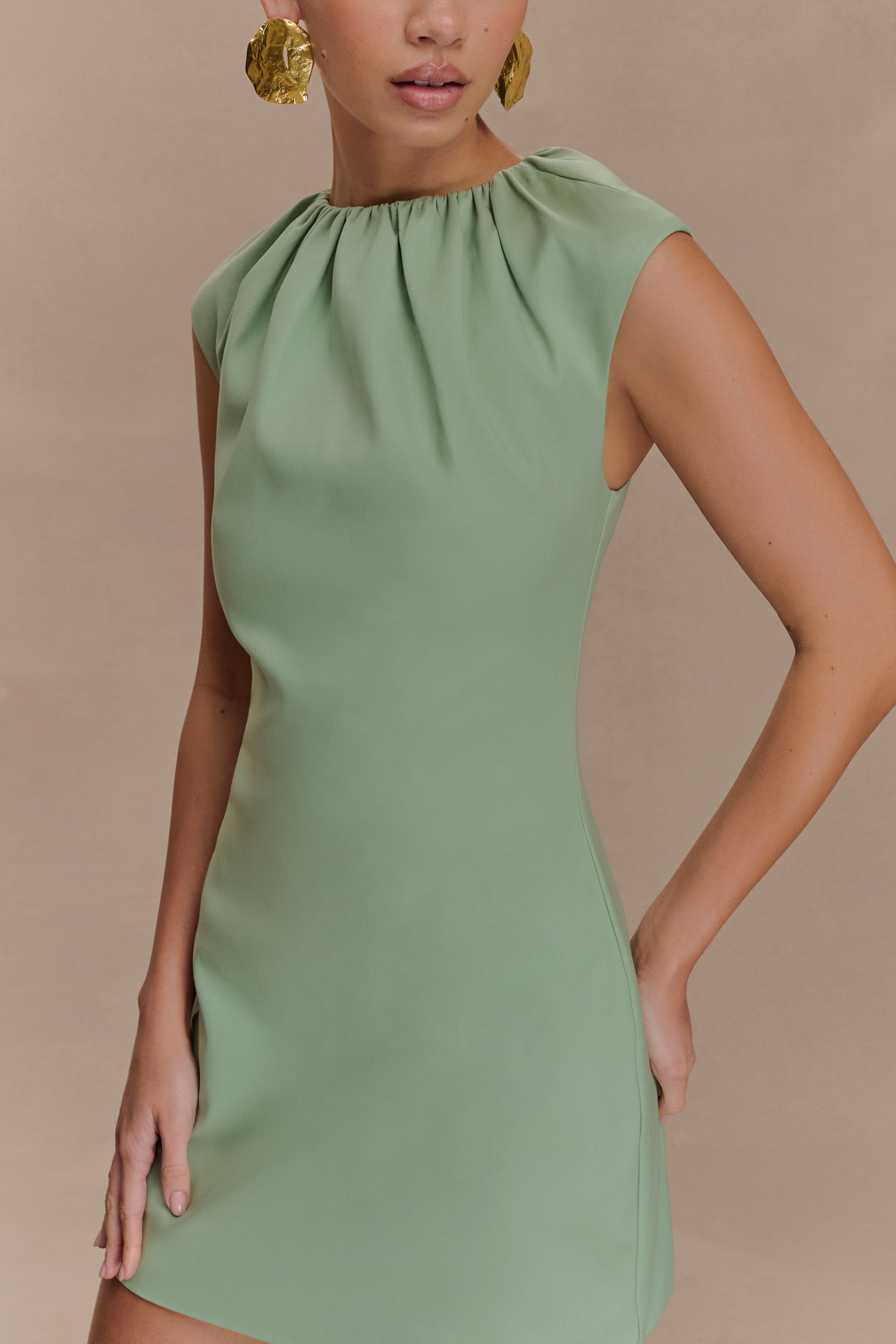 Ariana Pleated Neck Mini Dress - Sage