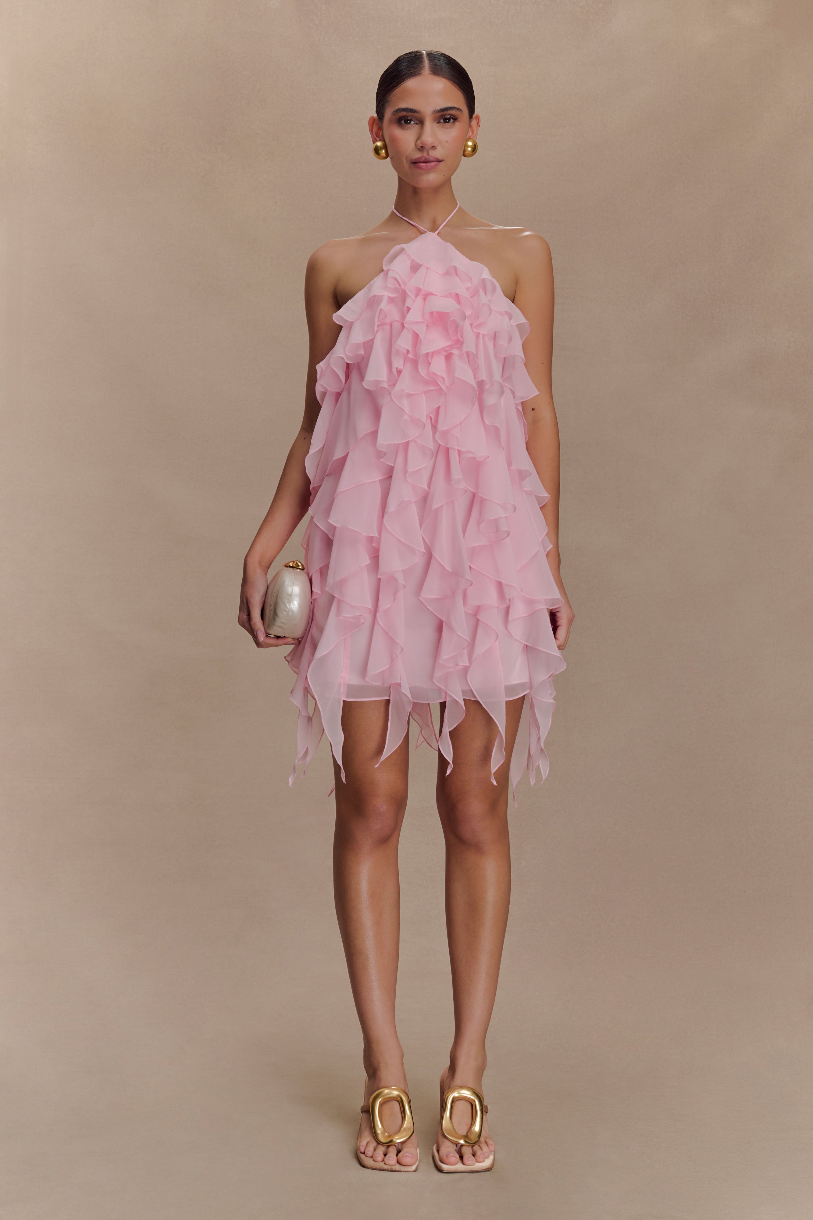 Marigold Ruffle Halter Mini Dress - Powder Pink