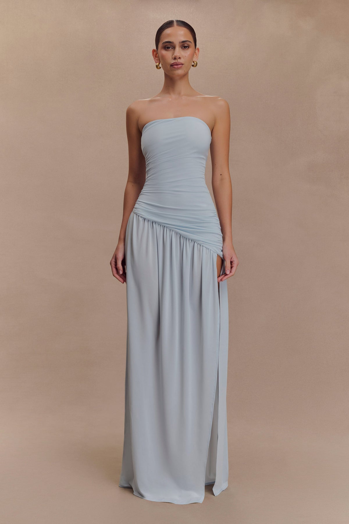 Bex Strapless Slinky Maxi Dress With Split - Pale Blue