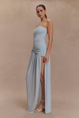 Bex Strapless Slinky Maxi Dress With Split - Pale Blue