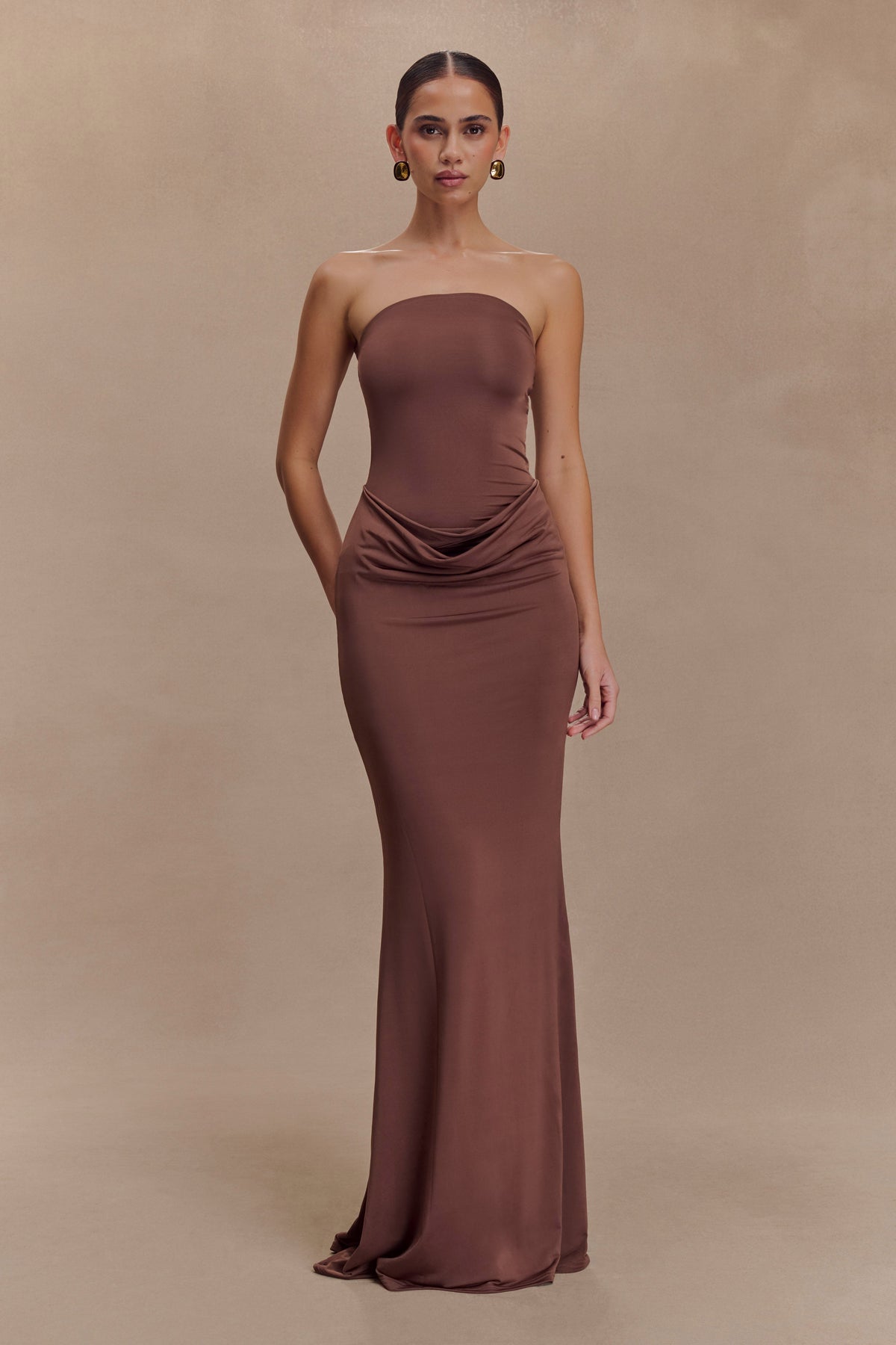 Madison Strapless Slinky Maxi Dress - Chocolate
