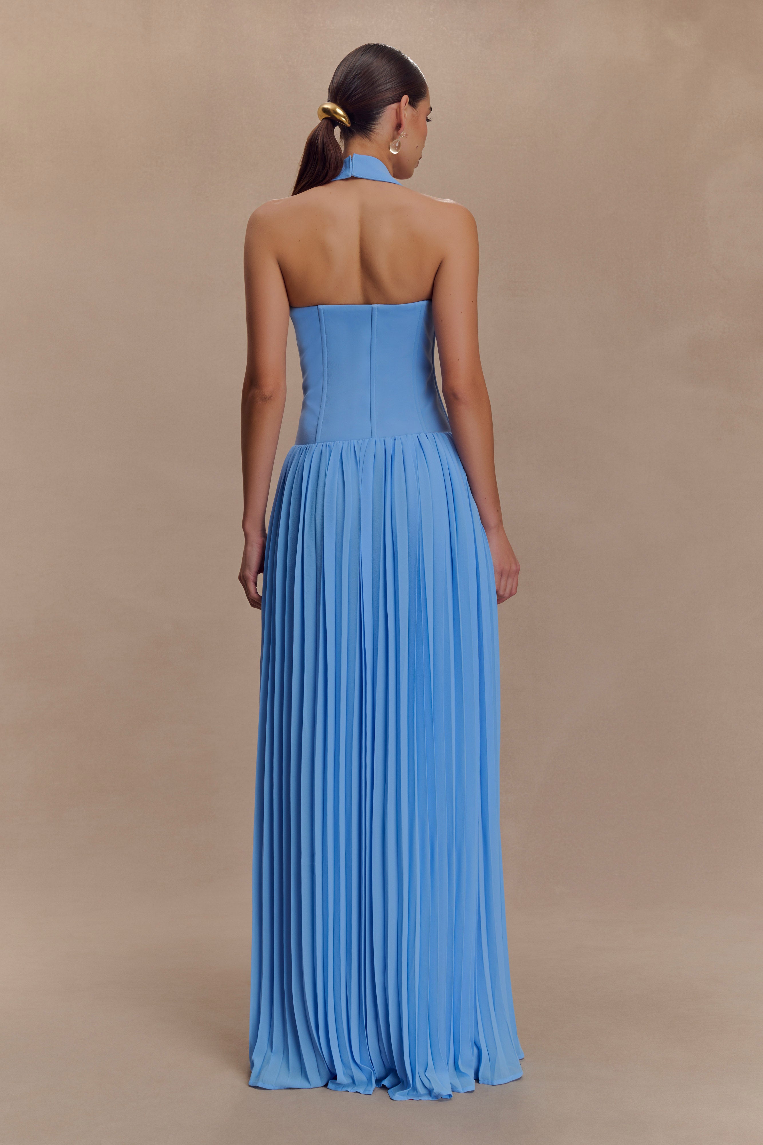 Stacie Pleated Halter Maxi Dress - Bright Blue