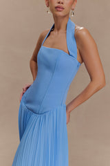 Stacie Pleated Halter Maxi Dress - Bright Blue
