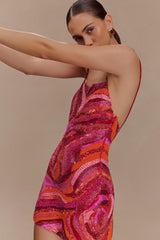 Eloise Hand Beaded Mini Dress - Pink Swirl Print