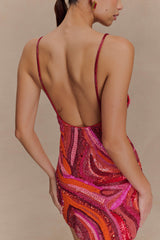 Eloise Hand Beaded Mini Dress - Pink Swirl Print