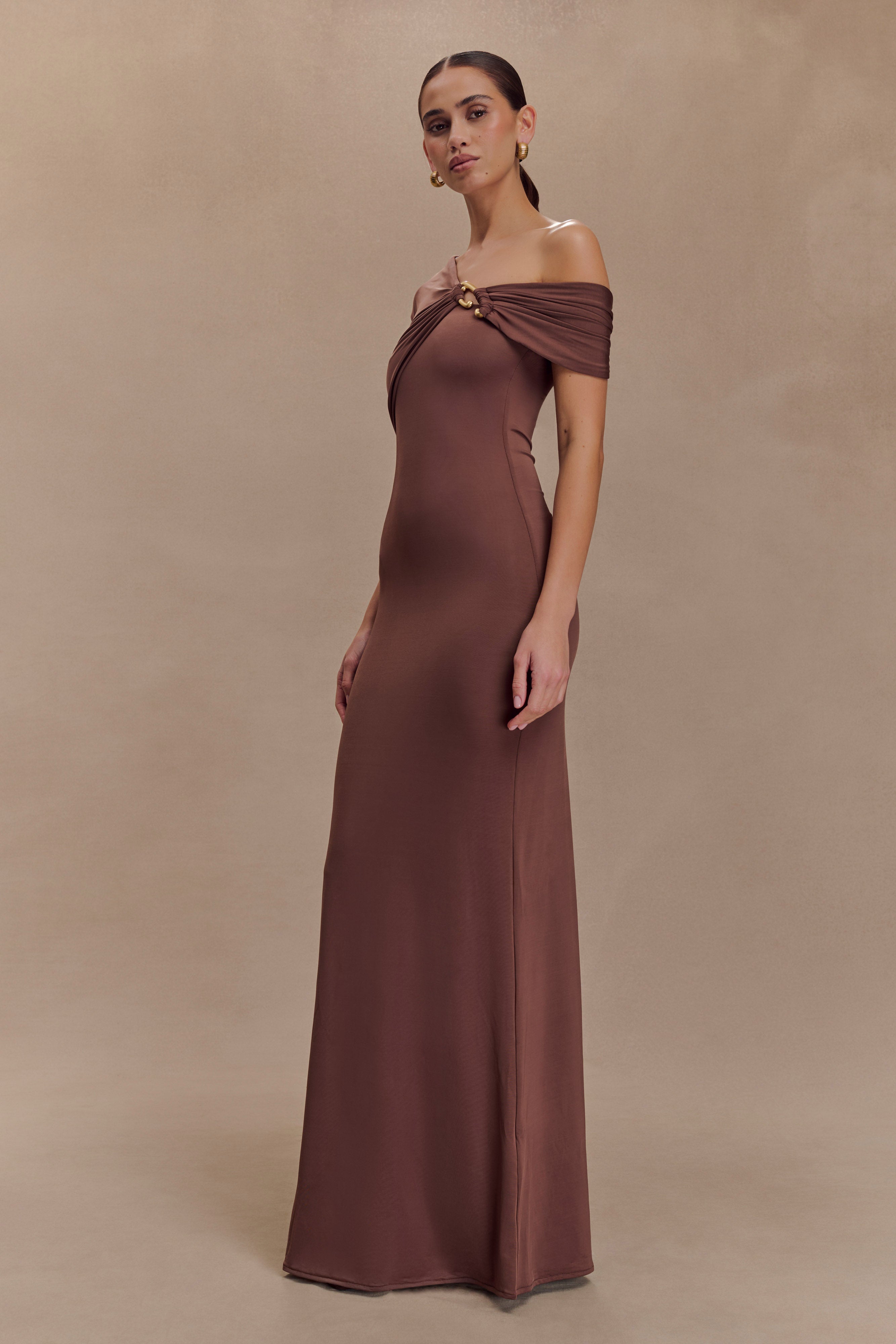 Ashford Asymmetrical Slinky Maxi Dress - Chocolate