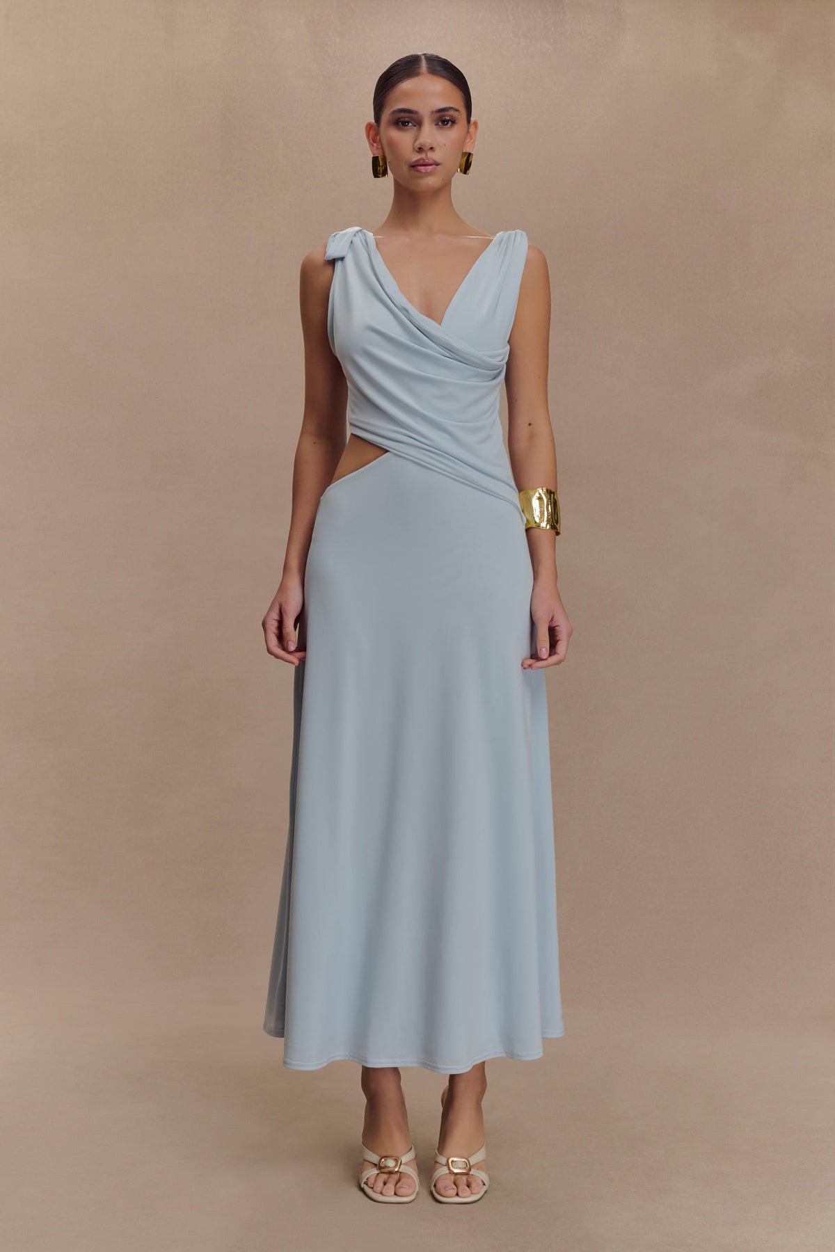 Raleigh Asymmetrical Slinky Midi Dress - Pale Blue