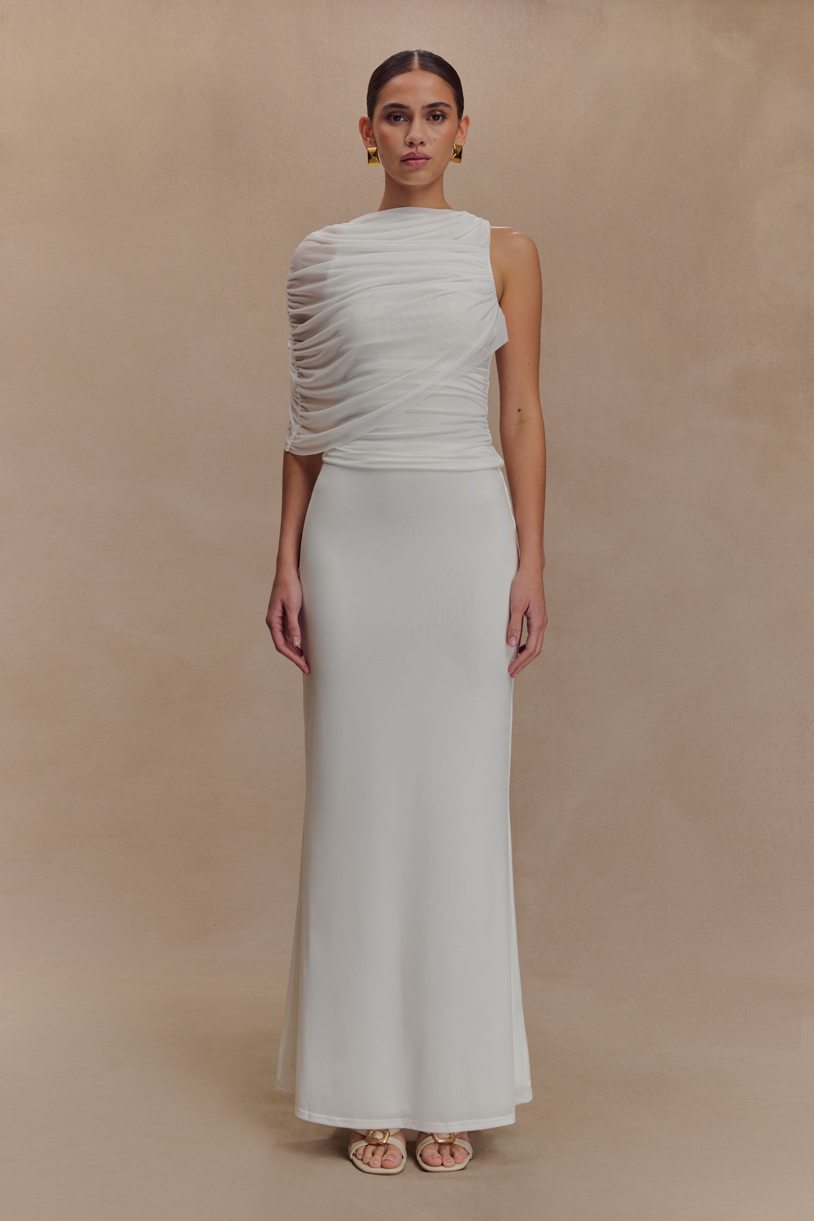 Pruedance Slinky Draped Top With Mesh Overlay - White