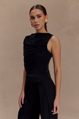 Pruedance Slinky Draped Top With Mesh Overlay - Black