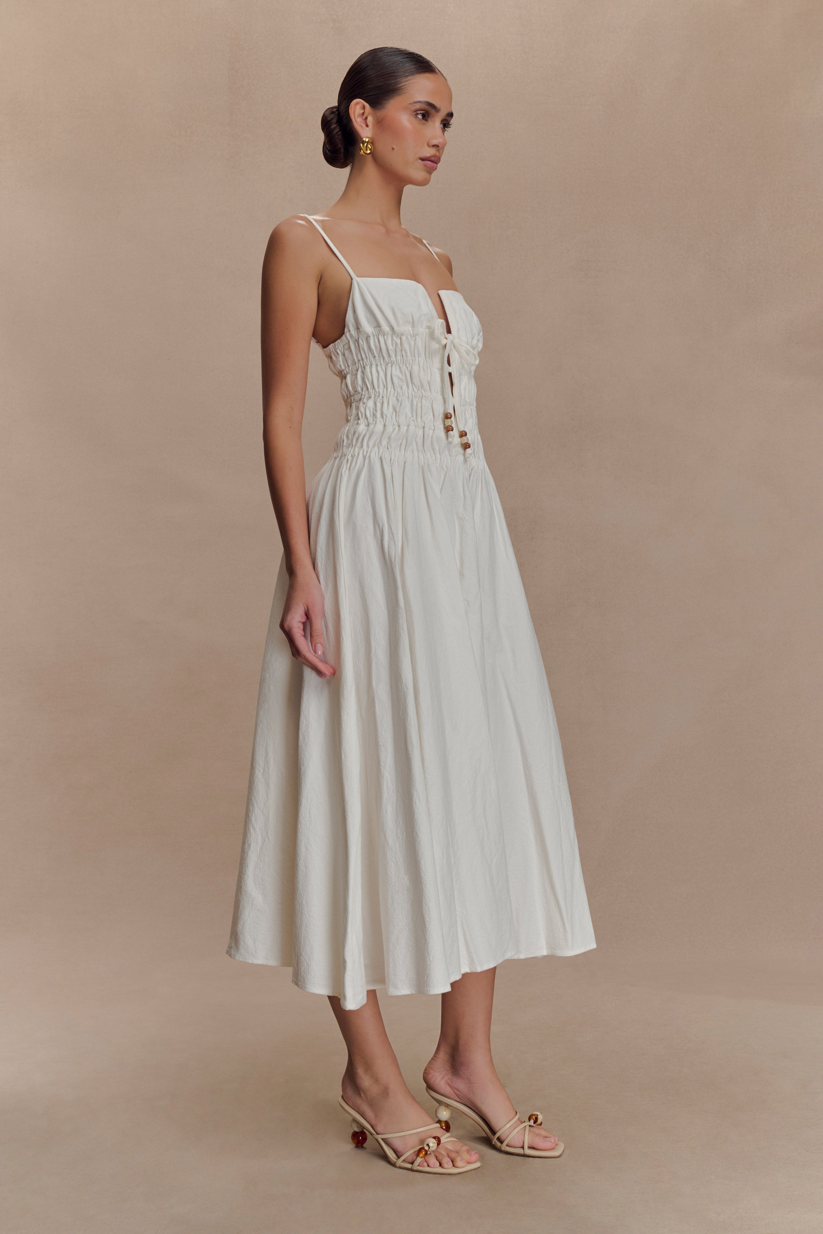 Elias Shirred Cotton Midi Dress - White