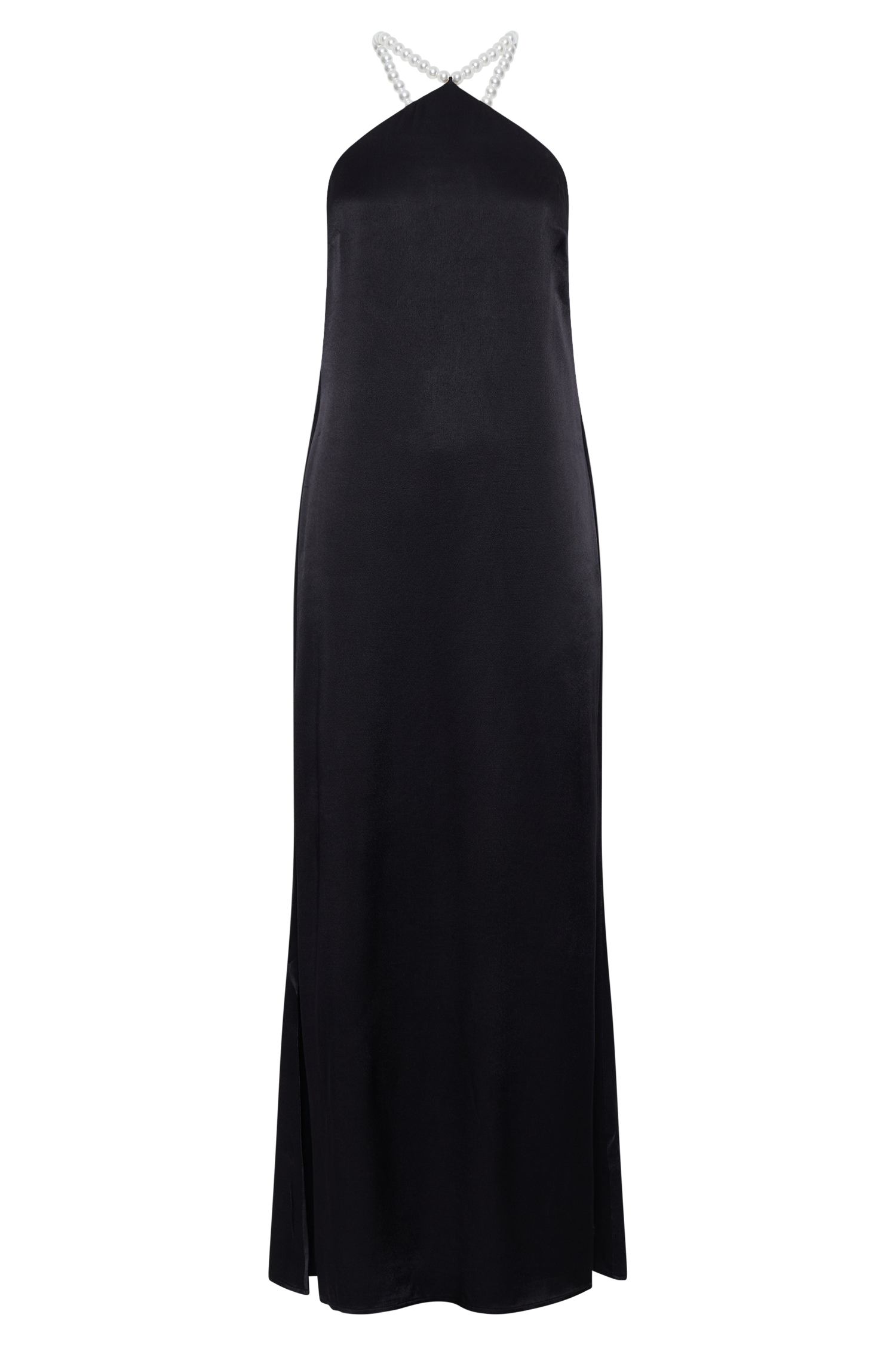 Blanche Satin Pearl Halter Maxi Dress - Black