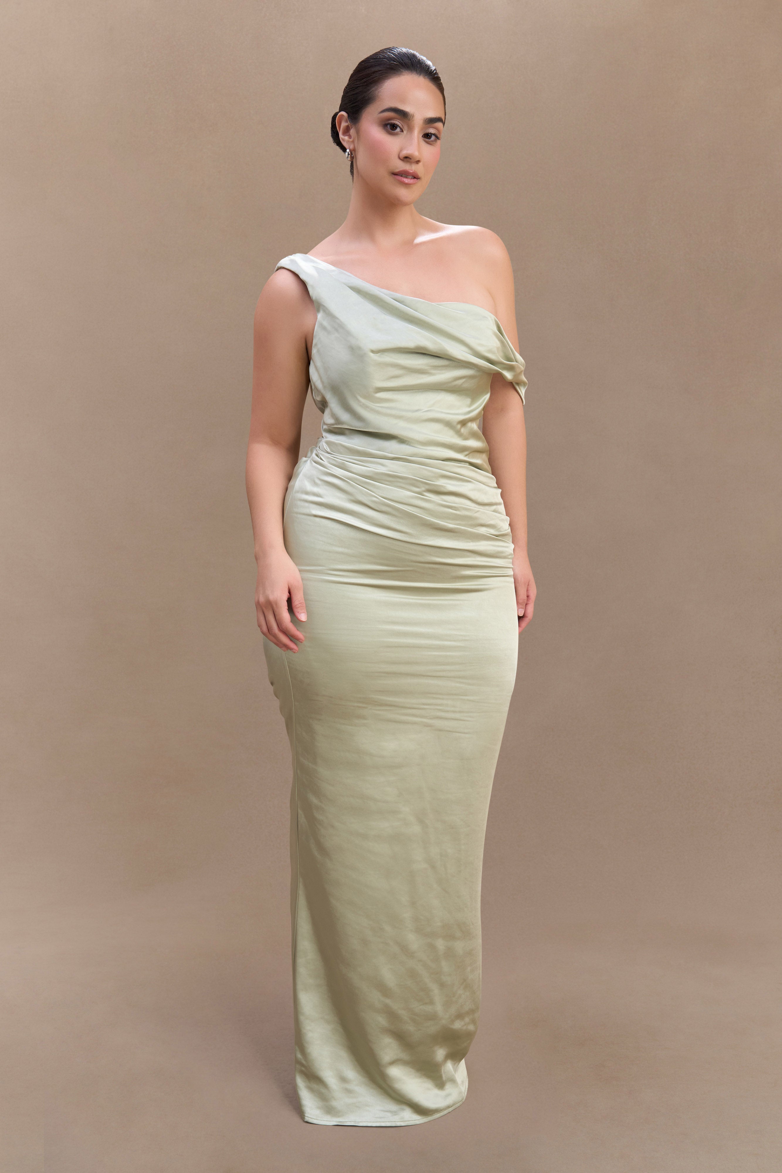 Dalia Off Shoulder Satin Maxi Dress - Sage