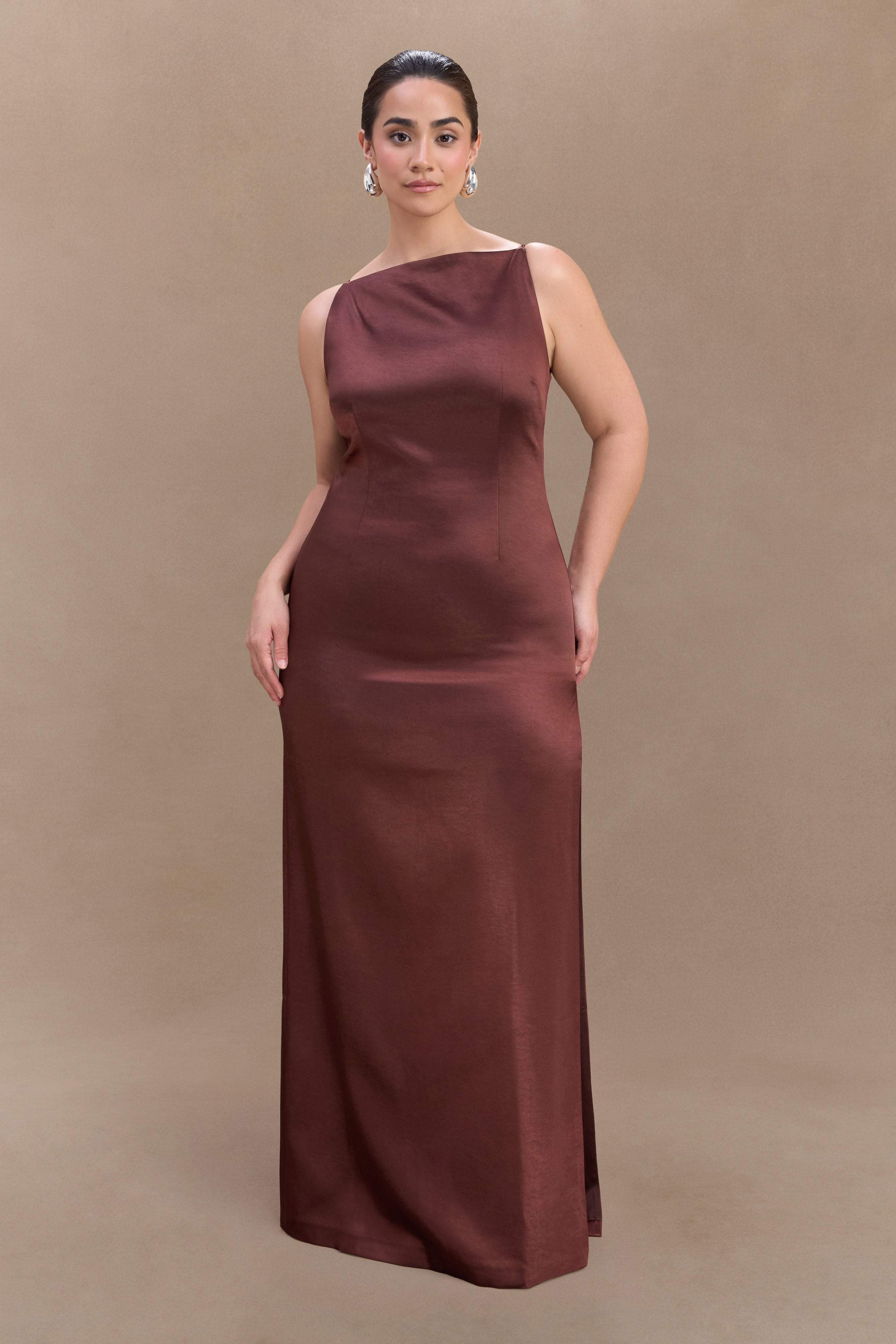 Violet Sleeveless Satin Maxi Dress - Dark Chocolate